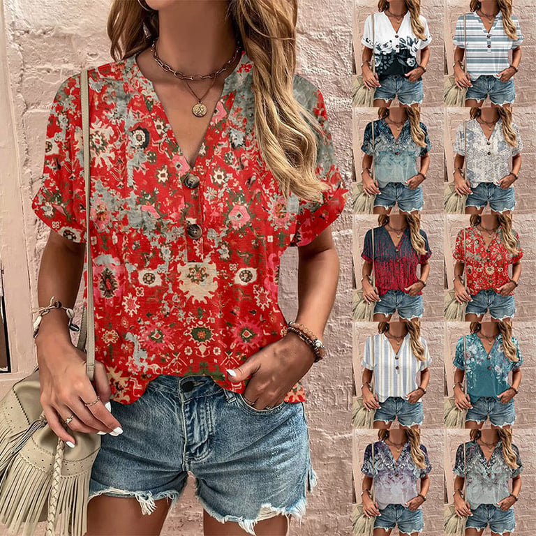 Printed Twisted Button Fashionable Short Sleeved Women myETYN