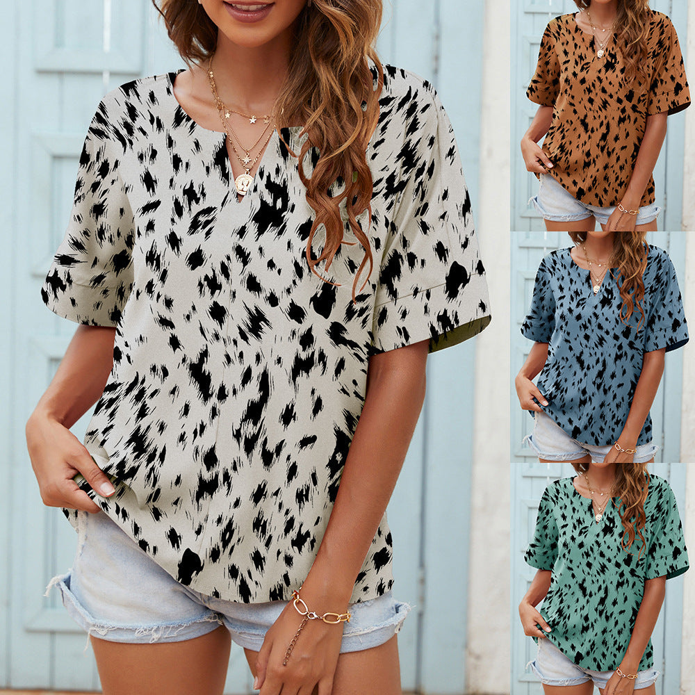 Printed V-neck Short-sleeved Casual Top T-shirt For Women myETYN