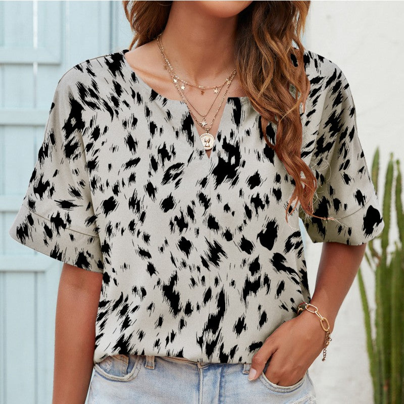 Printed V-neck Short-sleeved Casual Top T-shirt For Women myETYN