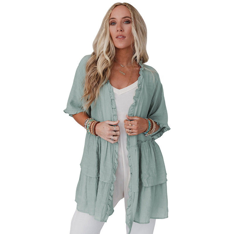 Pure Color Ruffles Cardigan Women's Summer Casual Top myETYN