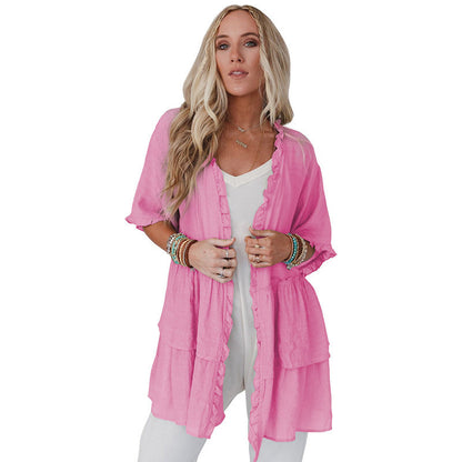 Pure Color Ruffles Cardigan Women's Summer Casual Top myETYN