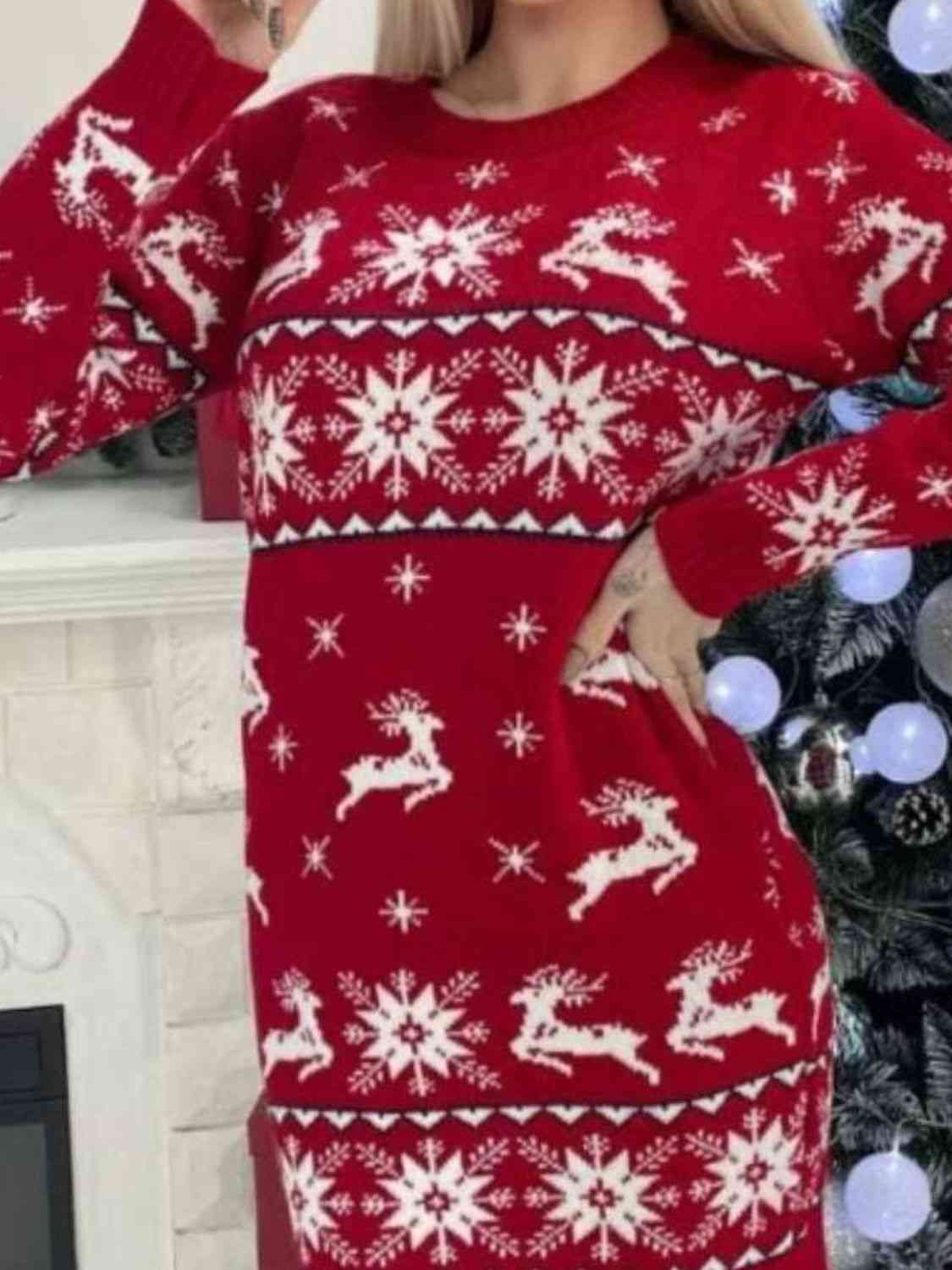 Reindeer & Snowflake Round Neck Sweater Dress myETYN