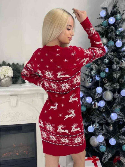 Reindeer & Snowflake Round Neck Sweater Dress myETYN