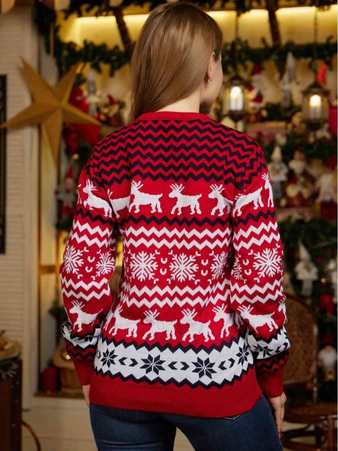 Reindeer & Snowflake Round Neck Sweater myETYN