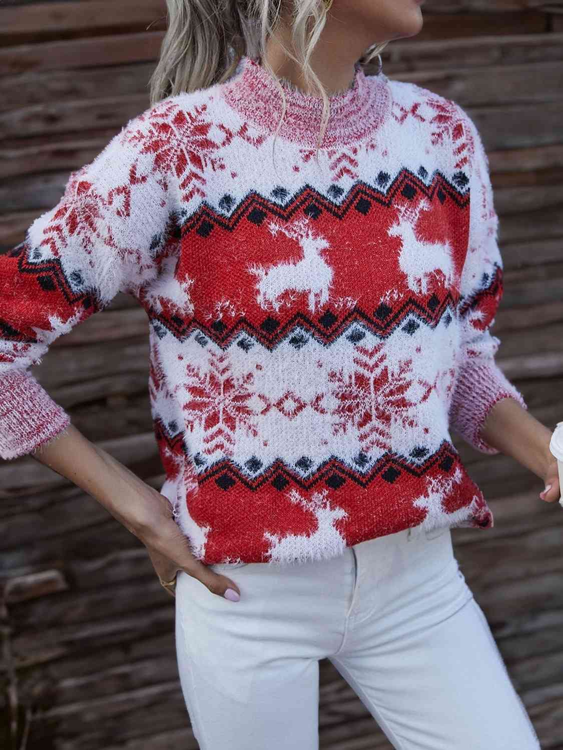 Reindeer & Snowflake Round Neck Sweater myETYN