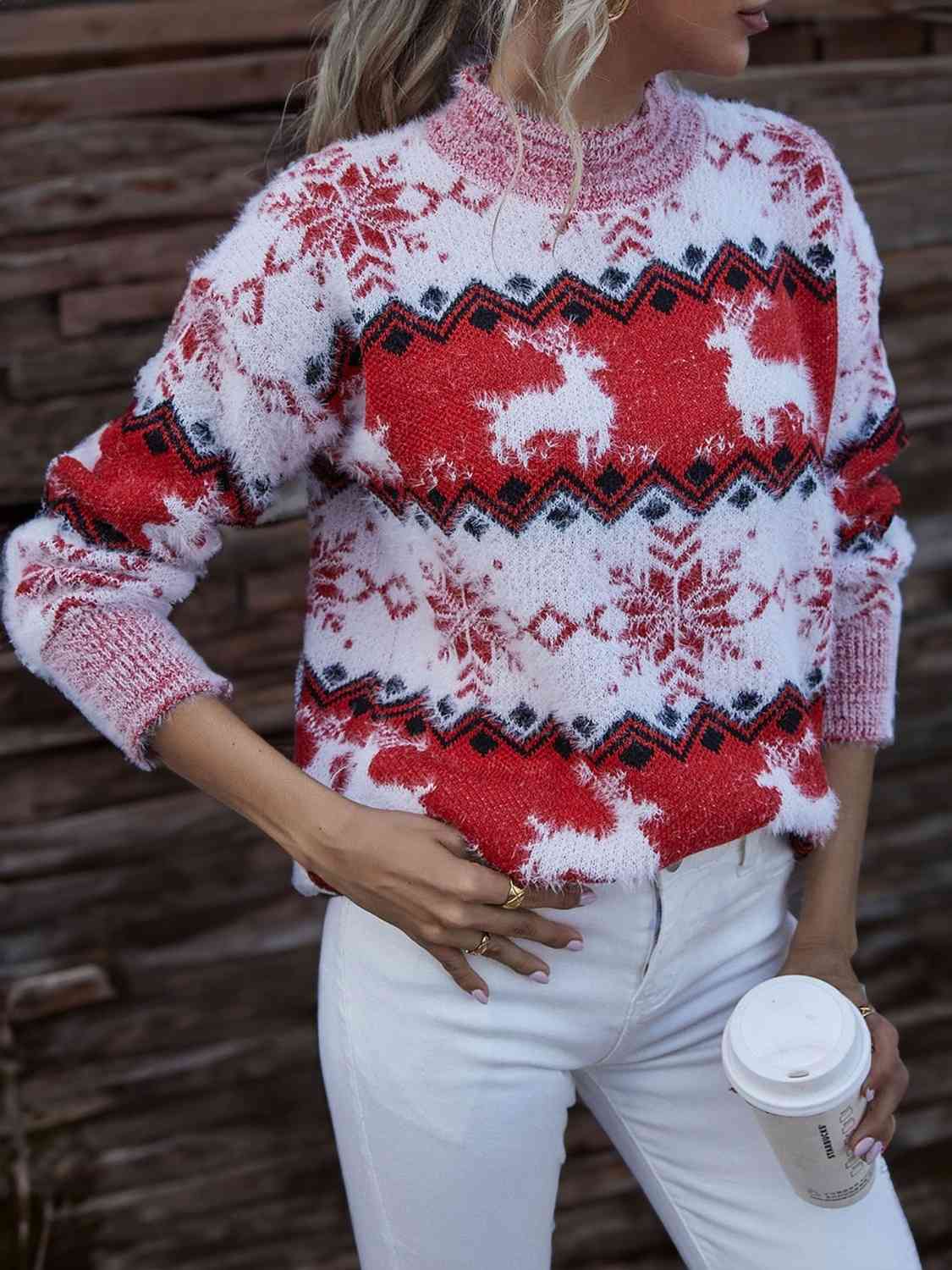 Reindeer & Snowflake Round Neck Sweater myETYN