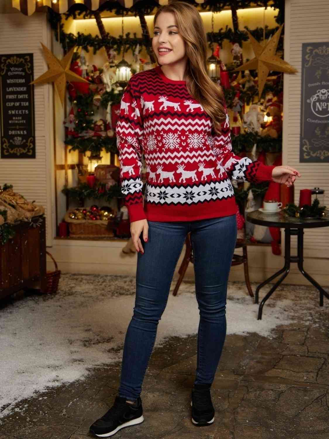 Reindeer & Snowflake Round Neck Sweater myETYN