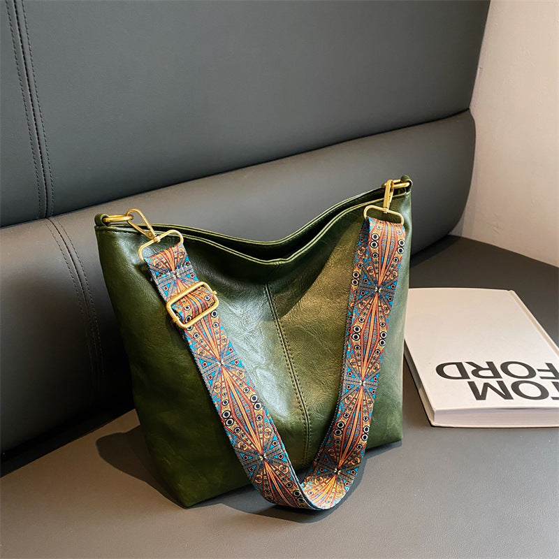 Retro Bucket Bag Retro Print Wide Shoulder Strap Messenger Shoulder Bags Solid Color Shopping Daily Commuter Handbag myETYN