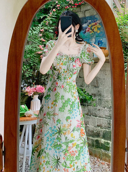 Retro Slim Waist Light Mature Temperament Green Floral Dress Women myETYN