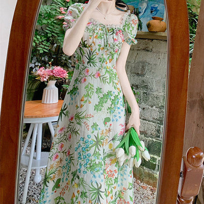 Retro Slim Waist Light Mature Temperament Green Floral Dress Women myETYN