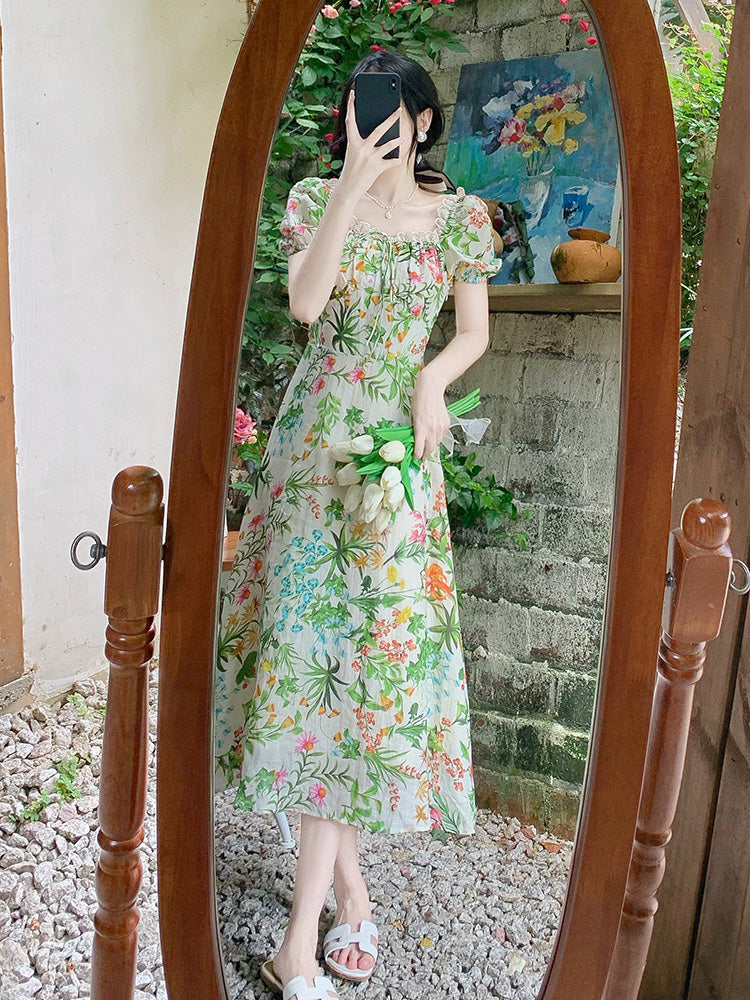 Retro Slim Waist Light Mature Temperament Green Floral Dress Women myETYN