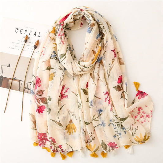 Retro Style Rice Coffee Flower With Sequin Scarf Travel Sunscreen Long Style myETYN