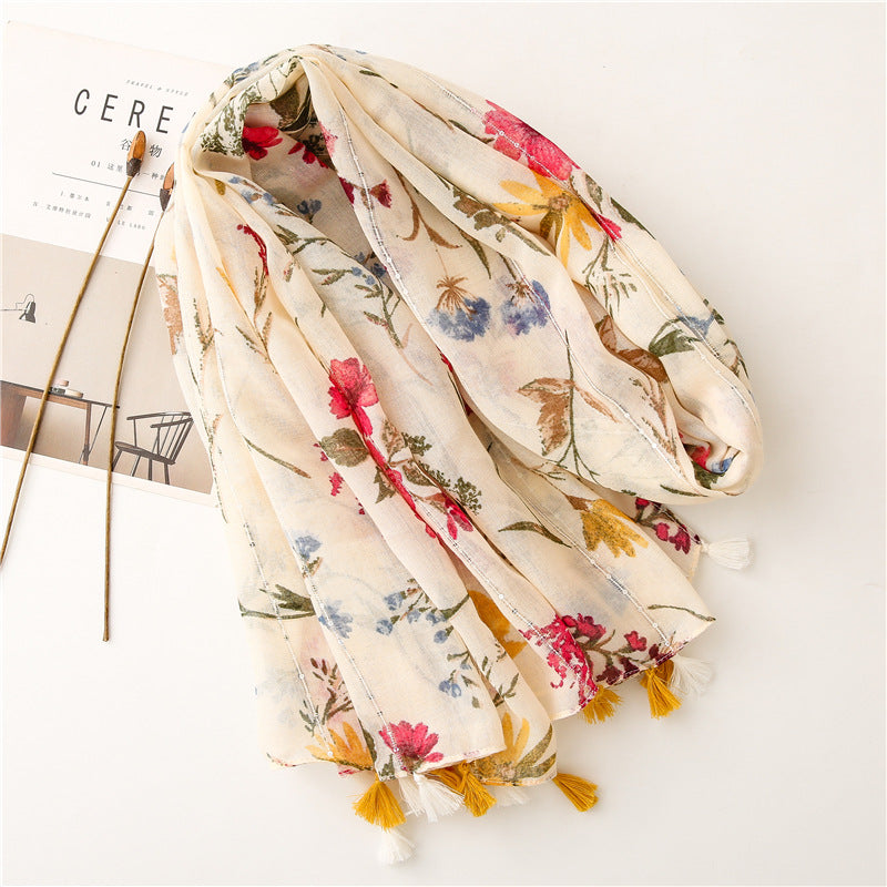 Retro Style Rice Coffee Flower With Sequin Scarf Travel Sunscreen Long Style myETYN