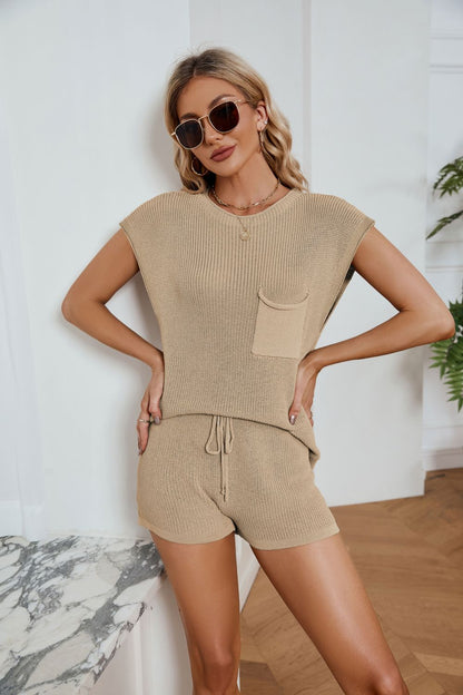 Ribbed Round Neck Pocket Knit Top and Shorts Set myETYN