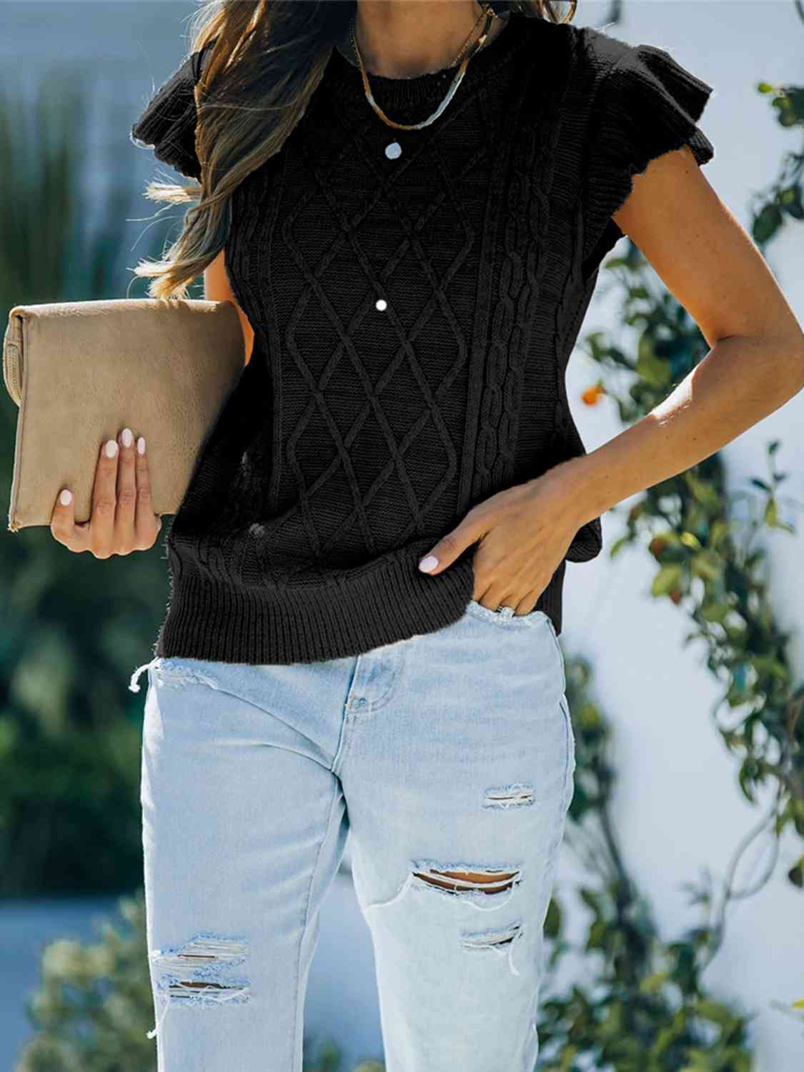 Round Neck Cap Sleeve Sweater myETYN