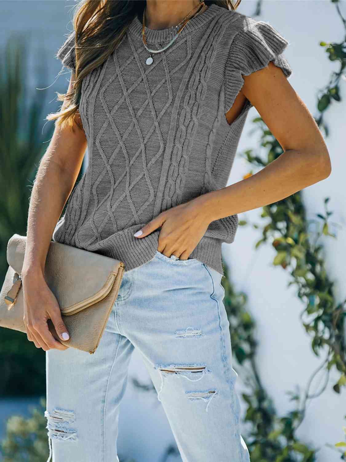 Round Neck Cap Sleeve Sweater myETYN