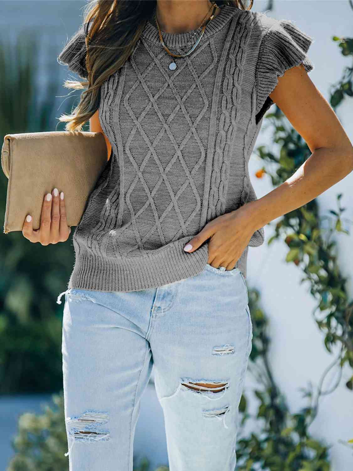 Round Neck Cap Sleeve Sweater myETYN