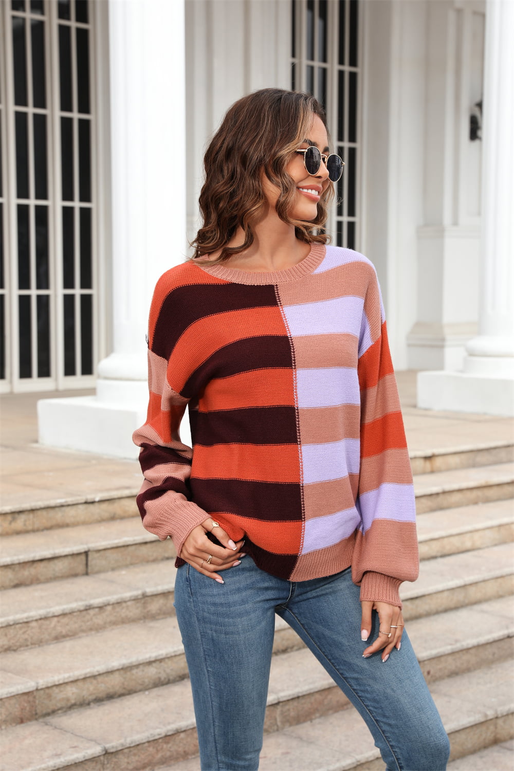 Round Neck Long Sleeve Color Block Dropped Shoulder Pullover Sweater myETYN