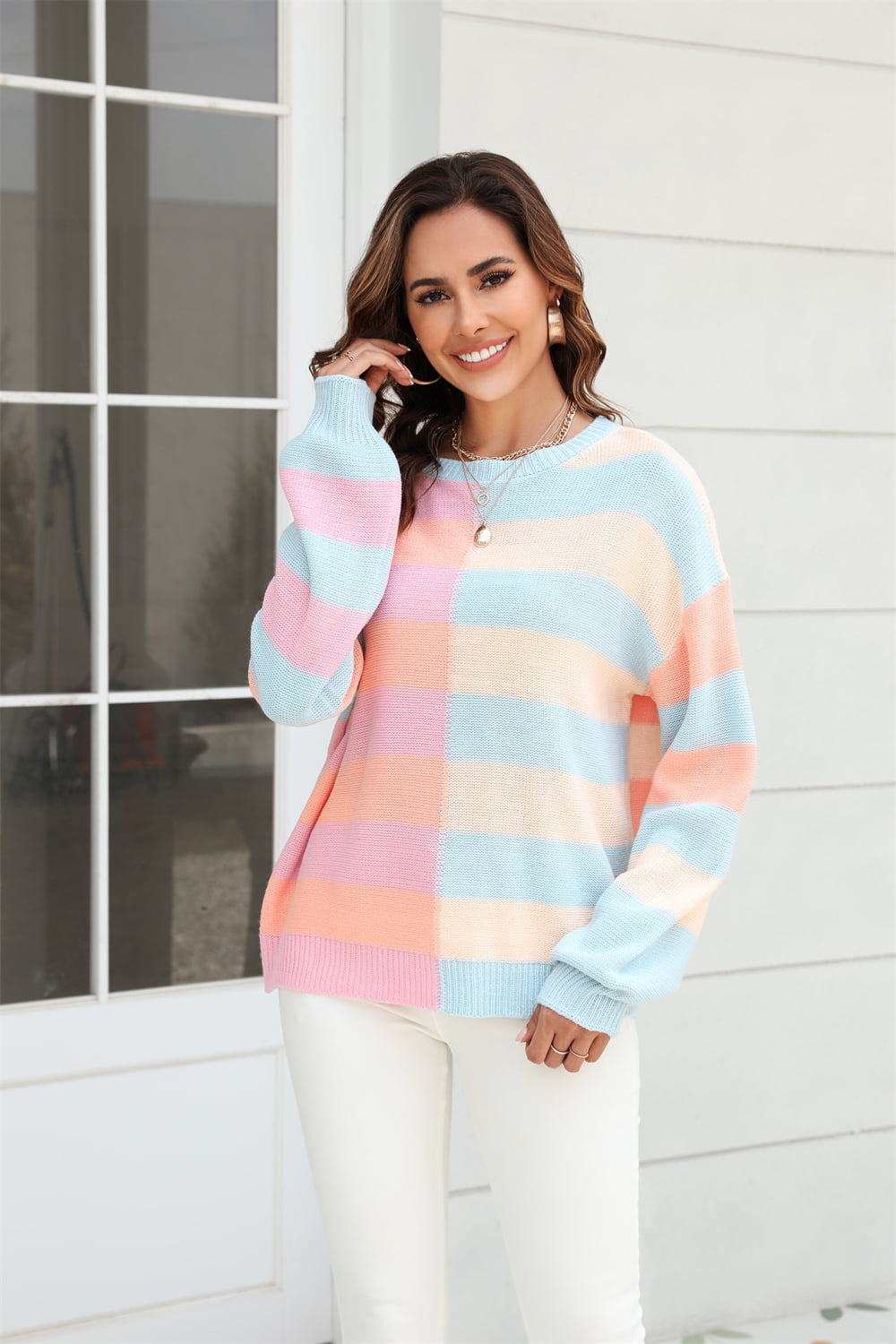 Round Neck Long Sleeve Color Block Dropped Shoulder Pullover Sweater myETYN