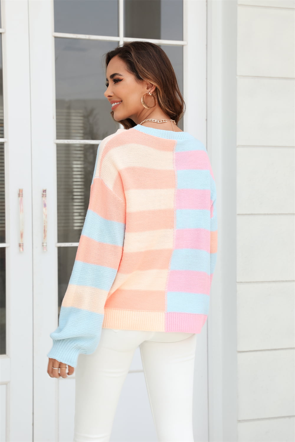 Round Neck Long Sleeve Color Block Dropped Shoulder Pullover Sweater myETYN