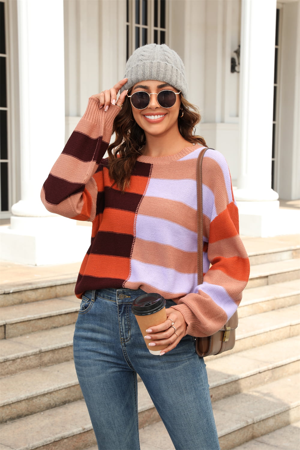 Round Neck Long Sleeve Color Block Dropped Shoulder Pullover Sweater myETYN