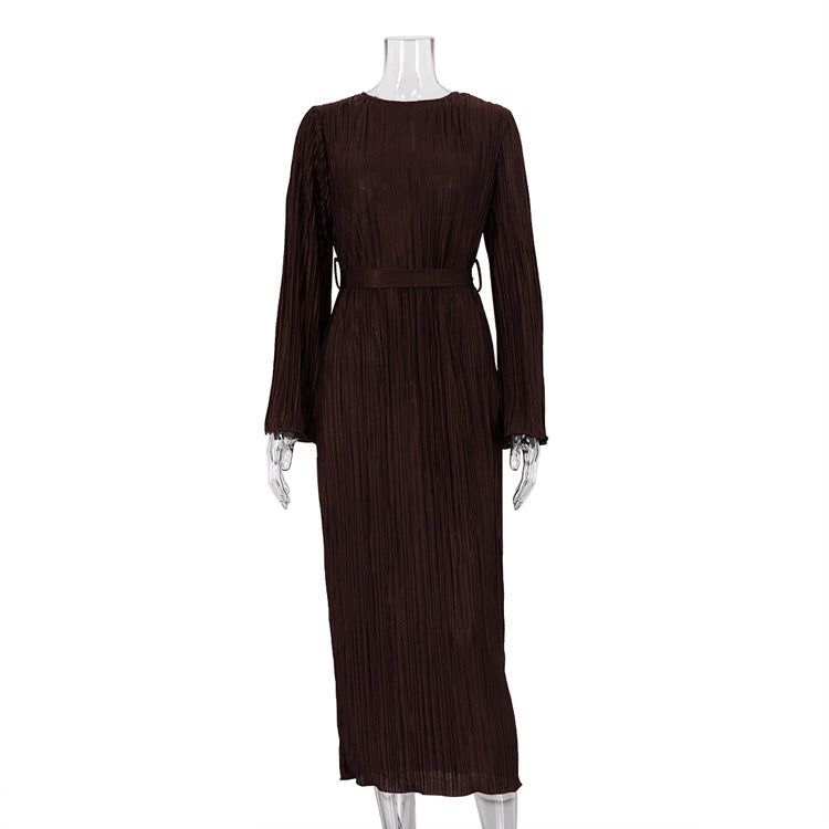 Round Neck Tied Flared Long Sleeve Pleated Dress myETYN