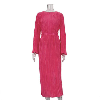 Round Neck Tied Flared Long Sleeve Pleated Dress myETYN