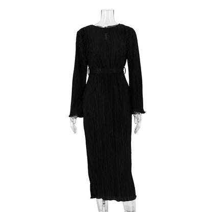 Round Neck Tied Flared Long Sleeve Pleated Dress myETYN