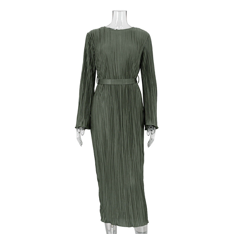 Round Neck Tied Flared Long Sleeve Pleated Dress myETYN