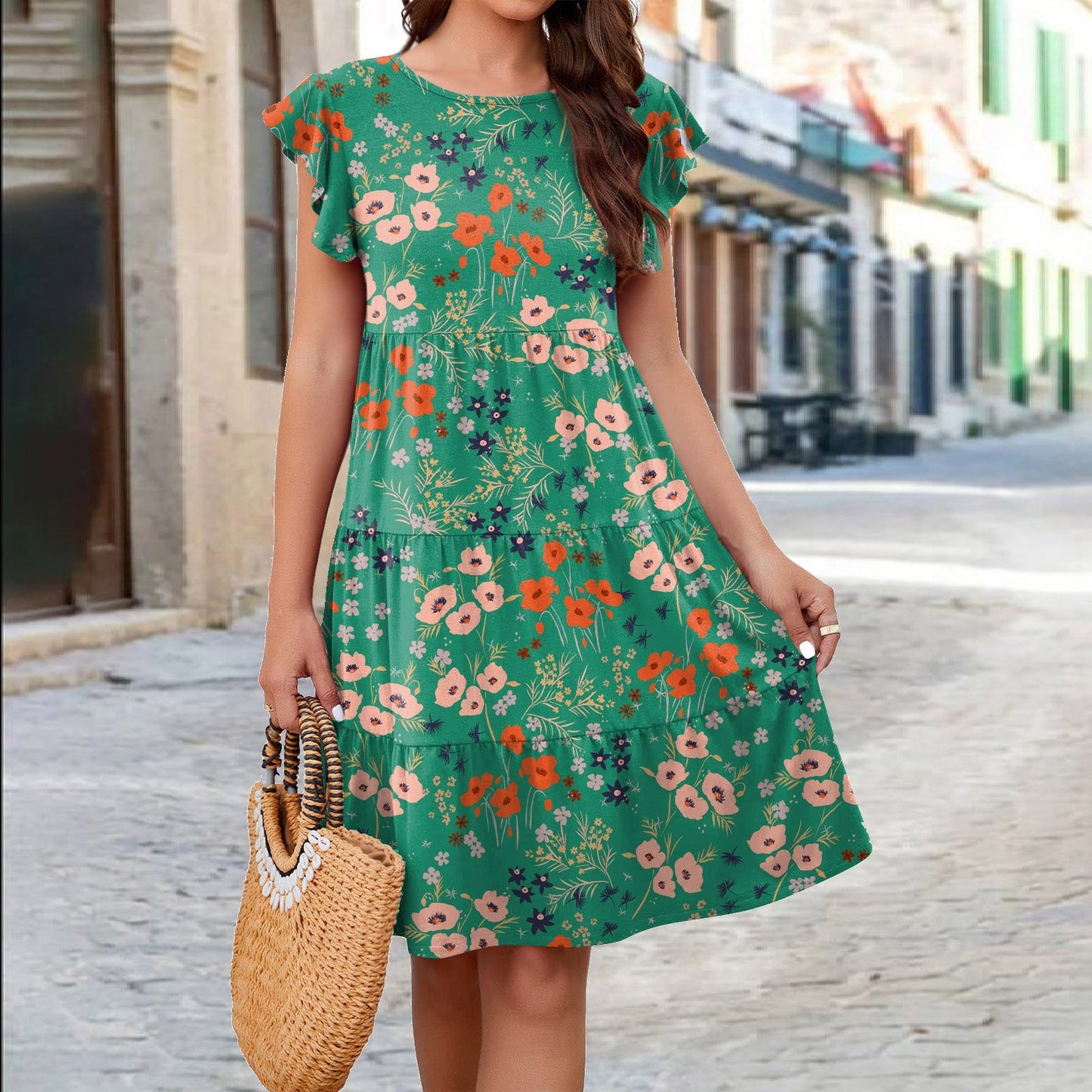 Ruffle Sleeve Dress Summer Loose Flower Print Beach Dresses Sweet Skirt Women myETYN