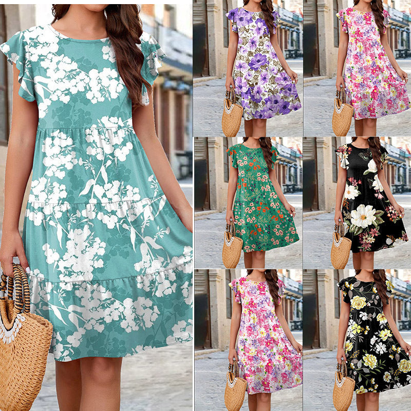 Ruffle Sleeve Dress Summer Loose Flower Print Beach Dresses Sweet Skirt Women myETYN