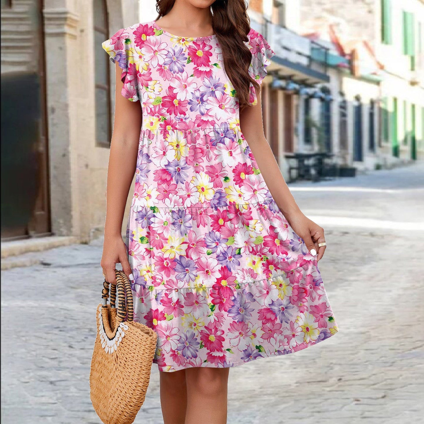 Ruffle Sleeve Dress Summer Loose Flower Print Beach Dresses Sweet Skirt Women myETYN