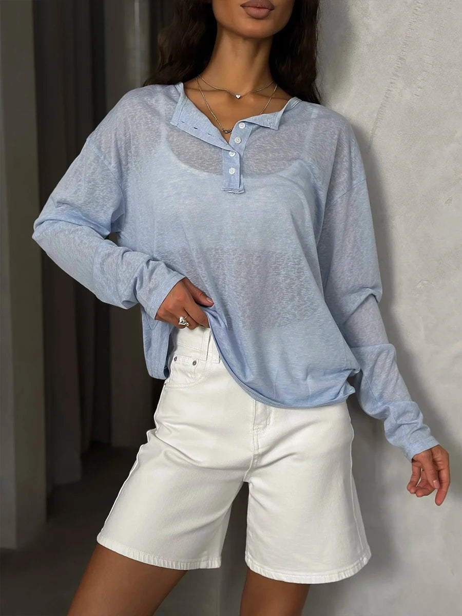 Women’s Soft Knit Long Sleeve T-Shirt – Casual Loose Fit Basic Top for Summer & Autumn