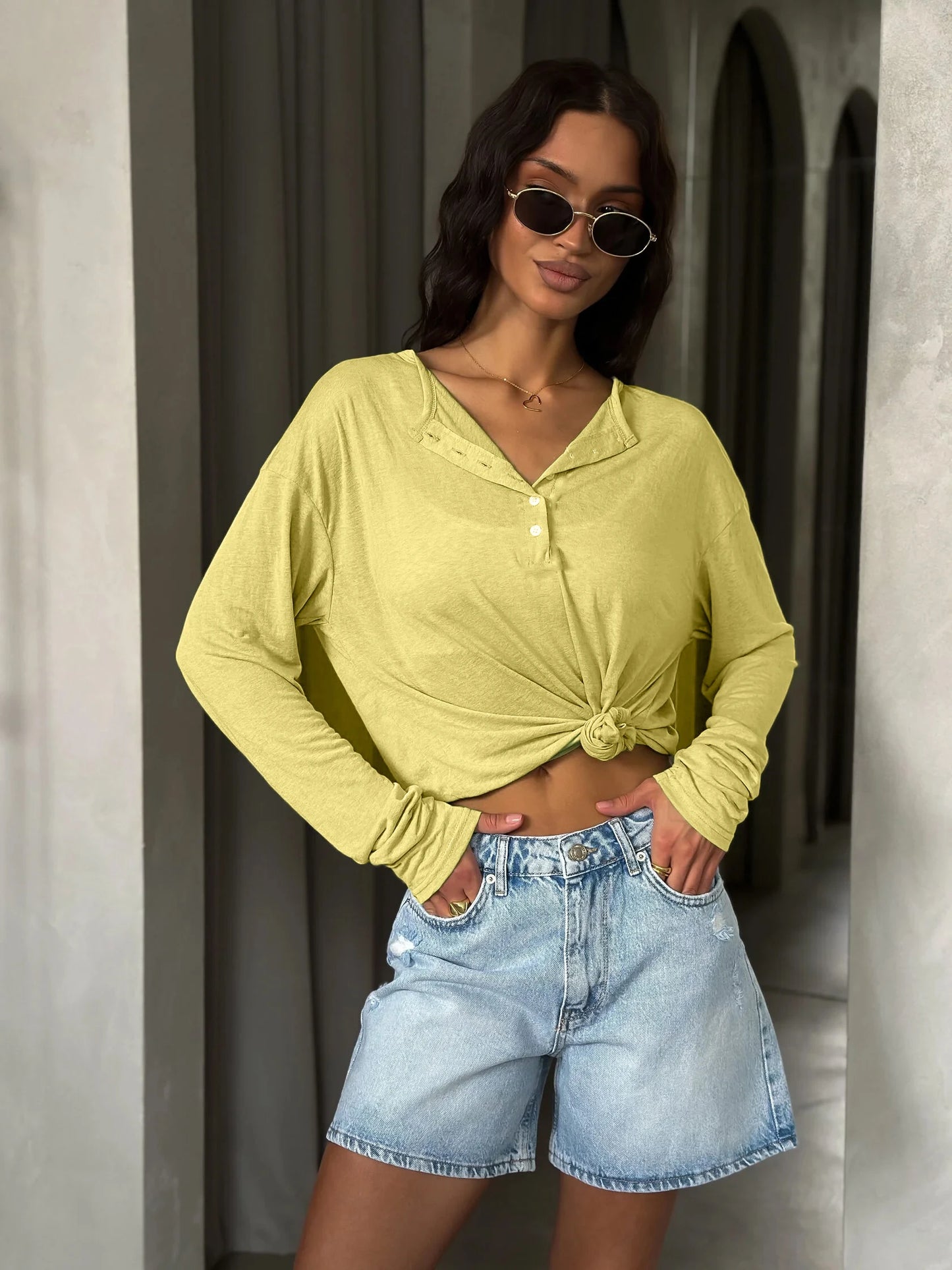 Women’s Soft Knit Long Sleeve T-Shirt – Casual Loose Fit Basic Top for Summer & Autumn