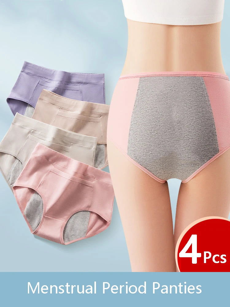 4-Pack Women’s Menstrual Panties – Leak-Proof High-Waist Cotton Period Underwear (Soft & Breathable Briefs)