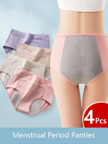 4-Pack Women’s Menstrual Panties – Leak-Proof High-Waist Cotton Period Underwear (Soft & Breathable Briefs)