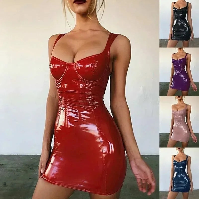 Vintage PU Leather Women Sexy Bodycon Dress Sleeveless Backless Skinny Dress Club Evening Party Short Dress Clubwear Robe