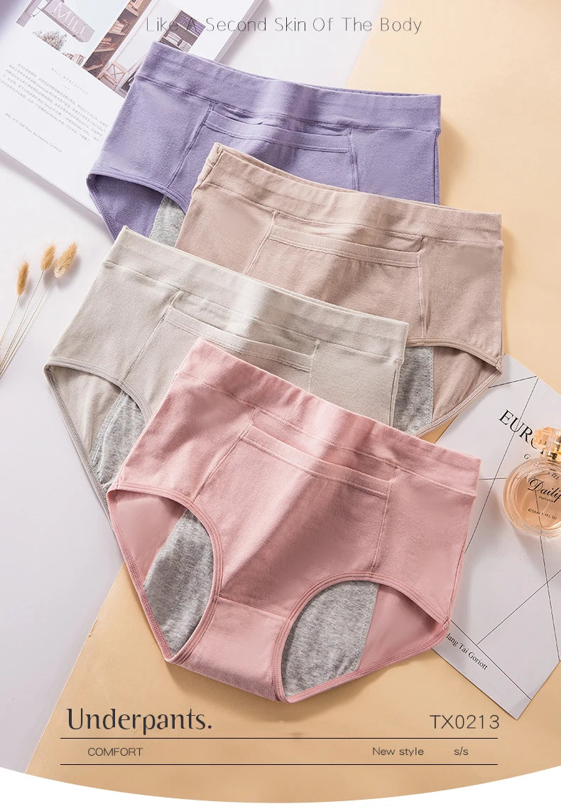 4-Pack Women’s Menstrual Panties – Leak-Proof High-Waist Cotton Period Underwear (Soft & Breathable Briefs)