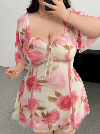 Plus Size Romantic Floral Pink Yellow Ruffle Sleeve Dress Short Sleeve V Neck Waistband Fitted Tiered