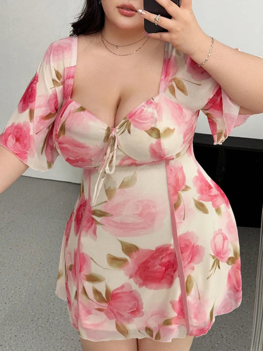 Plus Size Romantic Floral Pink Yellow Ruffle Sleeve Dress Short Sleeve V Neck Waistband Fitted Tiered
