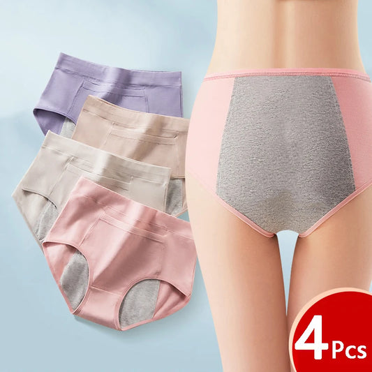4-Pack Women’s Menstrual Panties – Leak-Proof High-Waist Cotton Period Underwear (Soft & Breathable Briefs)