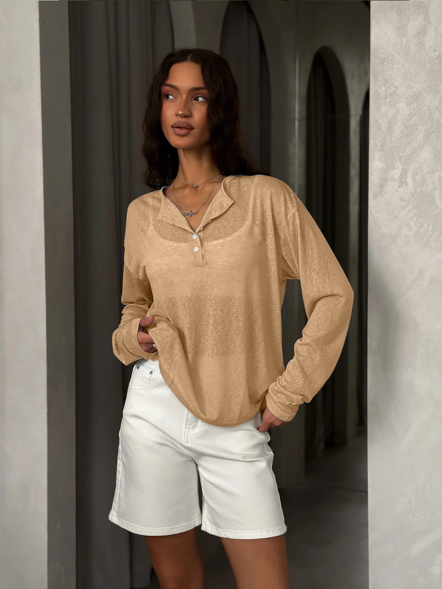 Women’s Soft Knit Long Sleeve T-Shirt – Casual Loose Fit Basic Top for Summer & Autumn