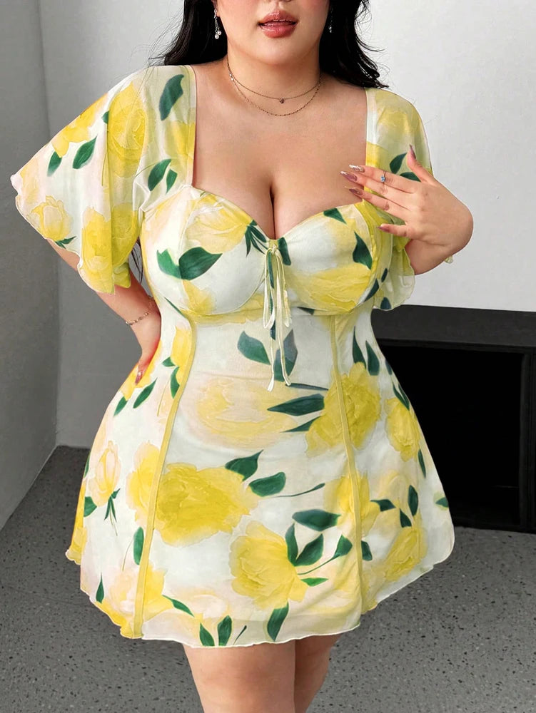 Plus Size Romantic Floral Pink Yellow Ruffle Sleeve Dress Short Sleeve V Neck Waistband Fitted Tiered