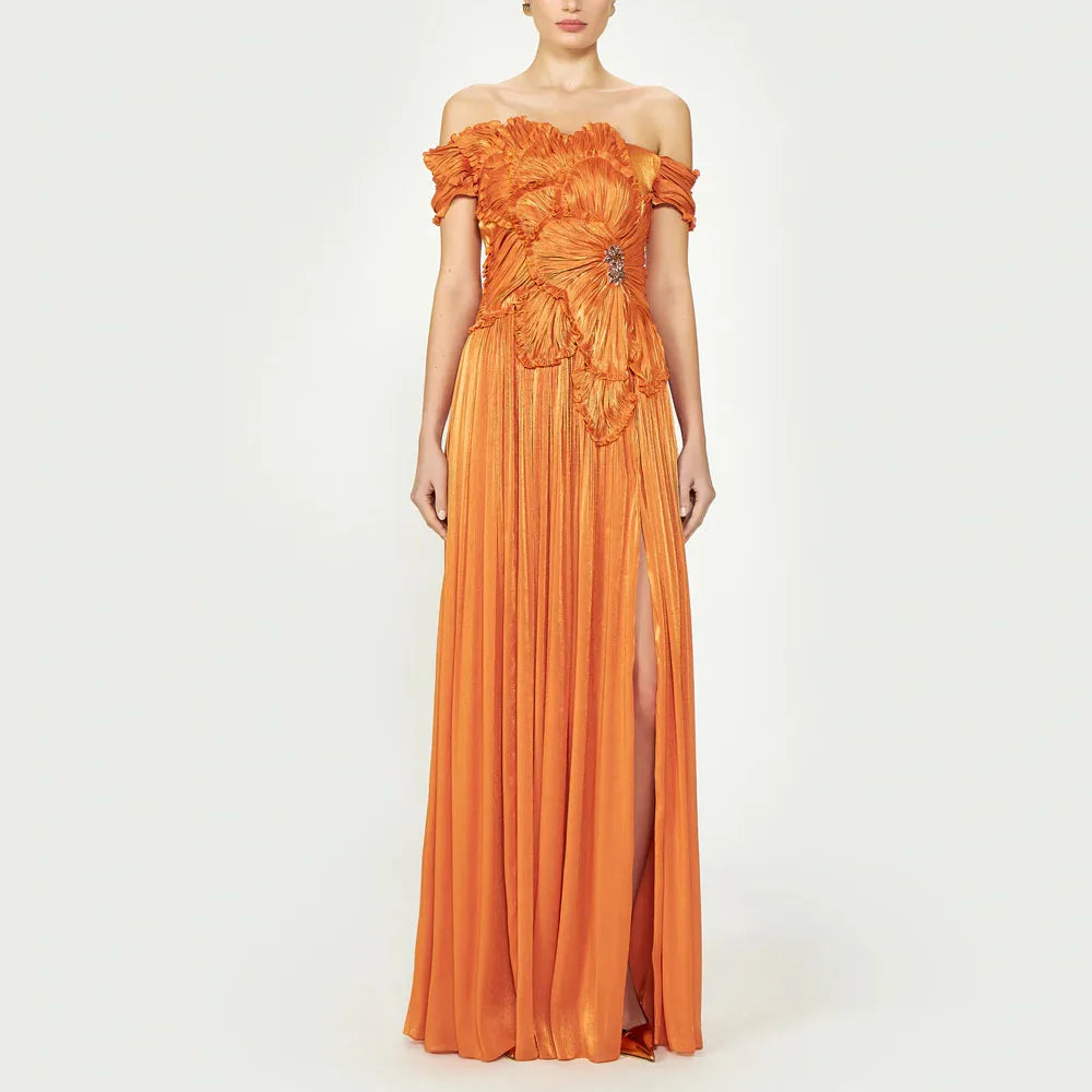 Luxury Off-Shoulder Georgette Prom Dress for Women – Pleated A-Line Evening Gown with High Slit & Ruched Waist