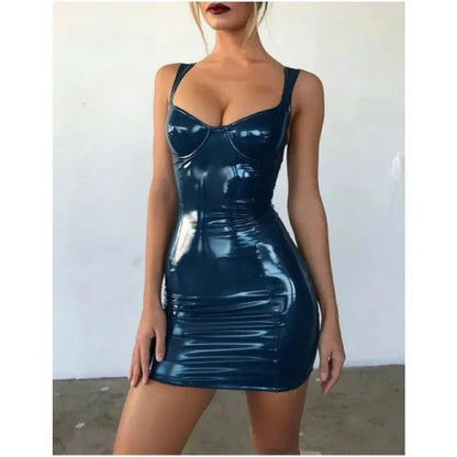 Vintage PU Leather Women Sexy Bodycon Dress Sleeveless Backless Skinny Dress Club Evening Party Short Dress Clubwear Robe