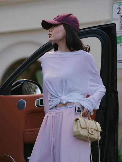 Women’s Soft Knit Long Sleeve T-Shirt – Casual Loose Fit Basic Top for Summer & Autumn