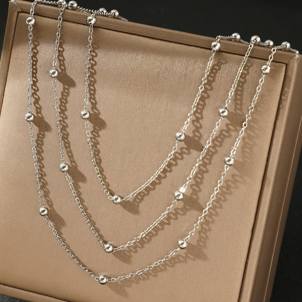 High-End Stainless Steel Multi-Layer Beaded Chain Necklace for Women