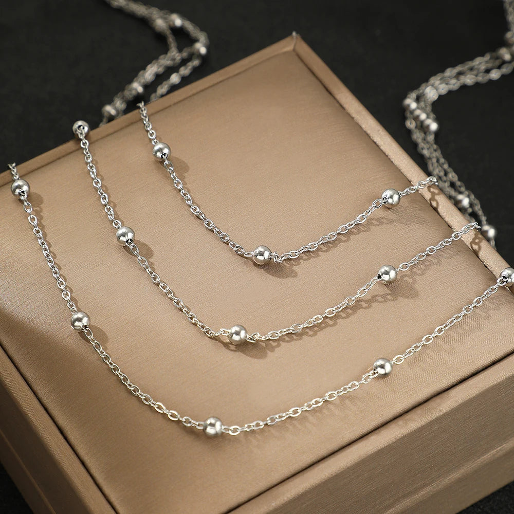 High-End Stainless Steel Multi-Layer Beaded Chain Necklace for Women