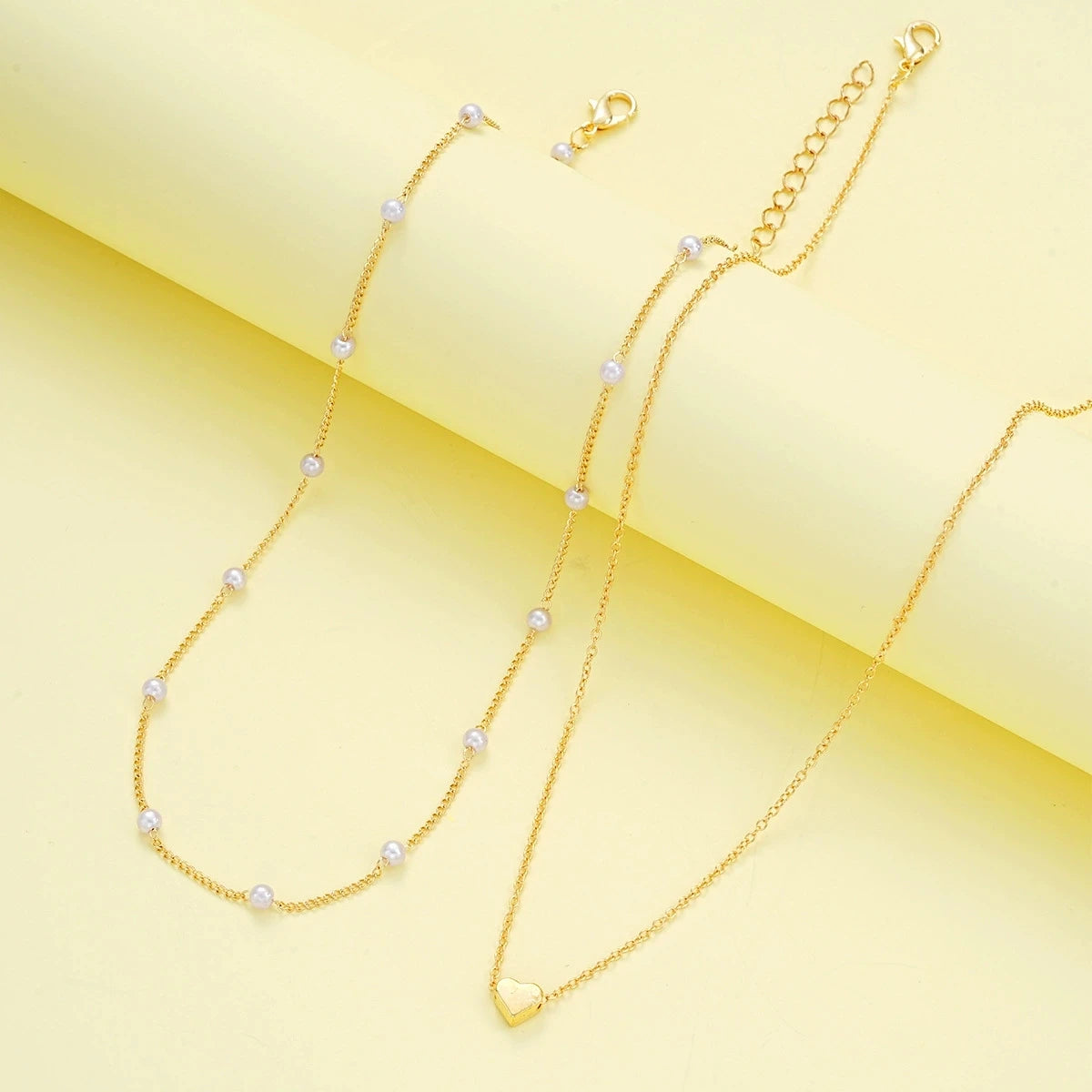 Women’s Imitation Pearl Heart Jewelry Set – Gold or Silver Beaded Necklace & Bracelet