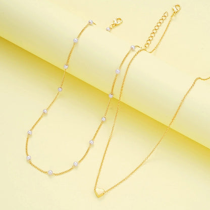 Women’s Imitation Pearl Heart Jewelry Set – Gold or Silver Beaded Necklace & Bracelet